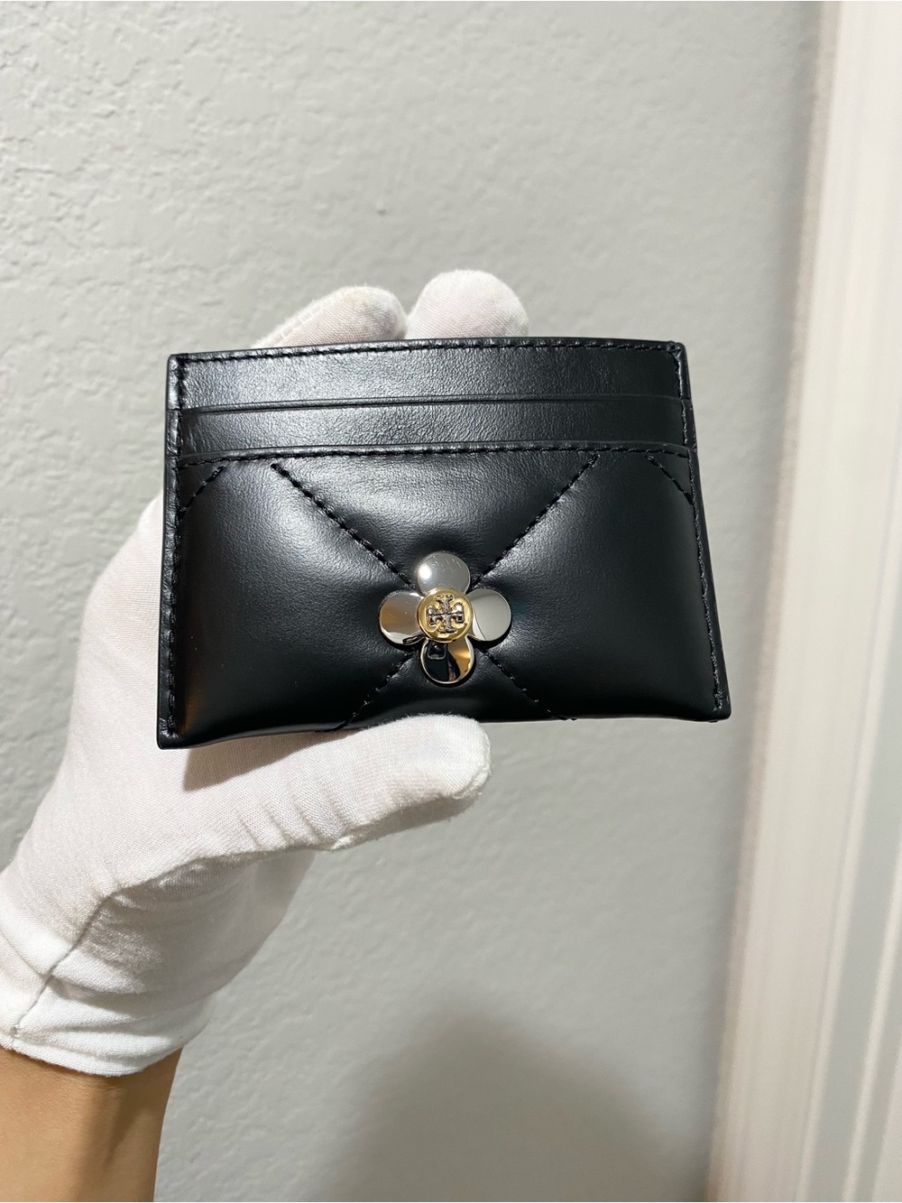 Tory Burch Black Leather Card Case with Flower